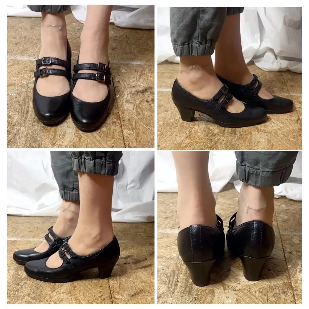 Munro Alicia Black Leather Double Strap Mary Jane Pumps Sz 7 Witchy Academia